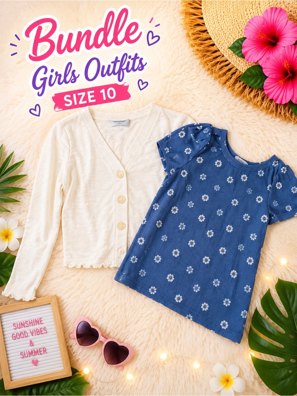Girls Blue Floral Rib Tee & Cream Cardigan Bundle - Size 10